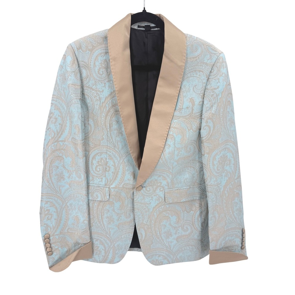 Devils Advocate Mens 38 Blue Gold Paisley Shawl Lapel Tuxedo Blazer Jacket